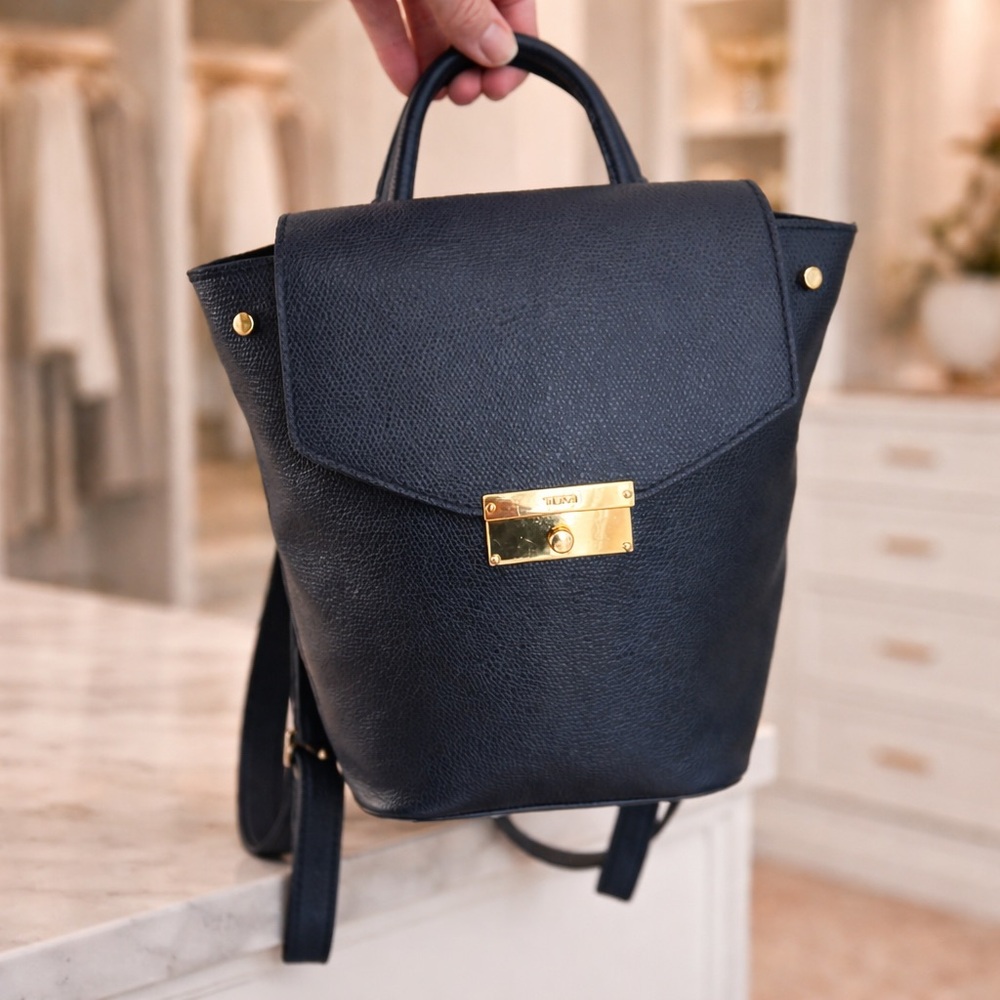 TUMI Limited Edition Navy Pebbled Leather Mini Backpack Gold Hardware Timeless